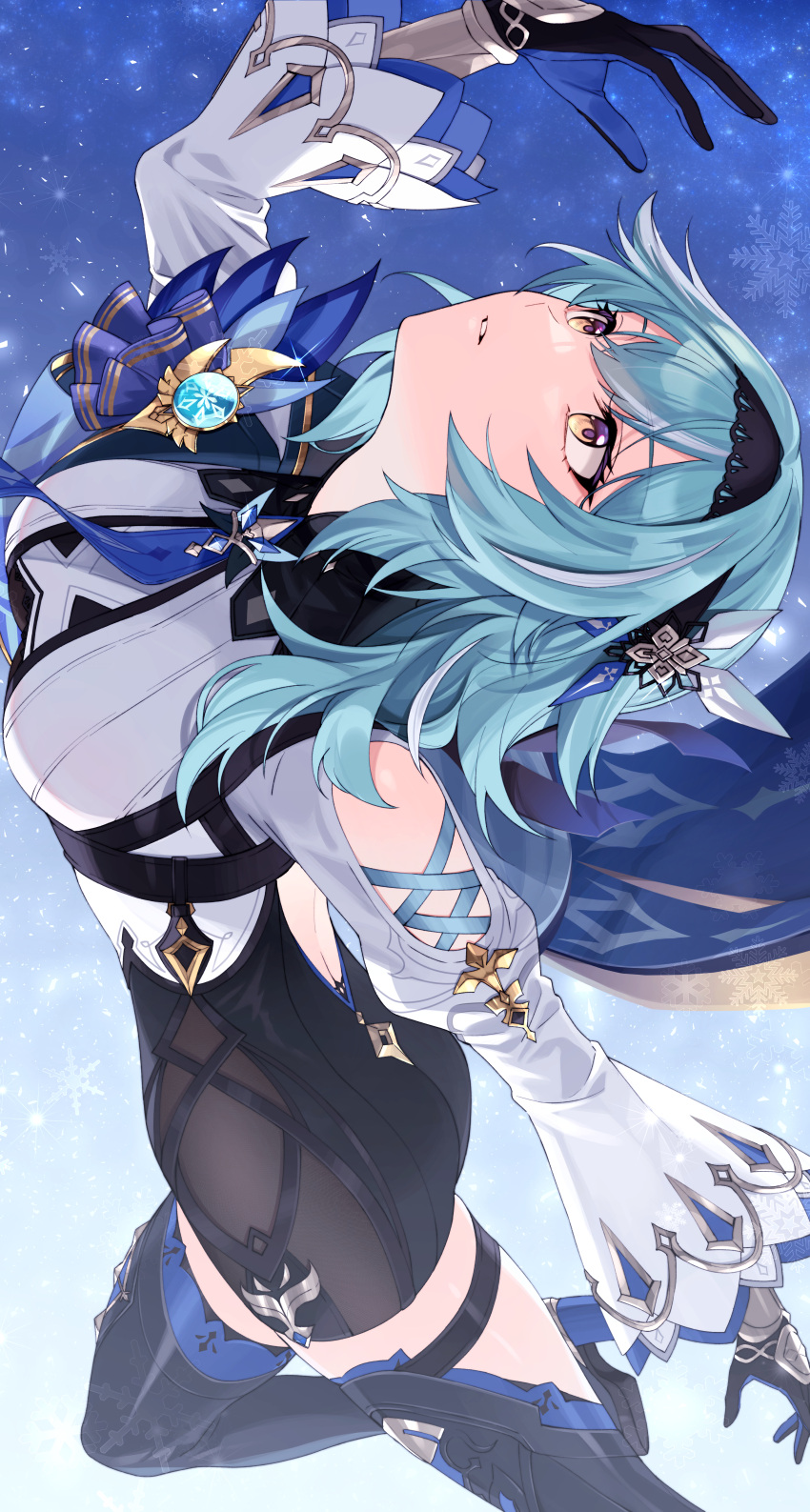 1girl, absurdres, bangs, black_footwear, black_hairband, black_headband, blue_cape, blue_gloves