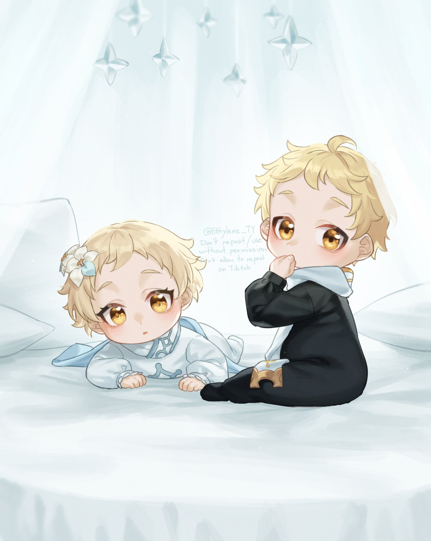 1boy, 1girl, aether_(genshin_impact), aged_down, bed, black_shirt, blonde_hair, blue_shirt, brother_and_sister, child, ethylene_ty, female_child, forehead, genshin_impact, highres, long_sleeves, lumine_(genshin_impact), male_child, open_mouth, pillow, primogem, shirt, short_hair, siblings, twitter_username, yellow_eyes