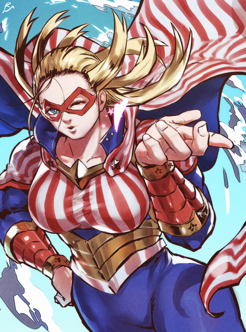 1girl, absurdres, american_flag, american_flag_print, blonde_hair, blowing_kiss, blue_bodysuit, blue_eyes, blue_sky, bodysuit, boku_no_hero_academia, breasts, bright_pupils, cape, clouds, cowboy_shot, domino_mask, flag_print, flying, gauntlets, gradient_sky, hair_slicked_back, hand_on_hip, heart, highres, large_breasts, lips, long_hair, looking_at_viewer, mask, murasaki_no_ryuuki, muscular, muscular_female, nose, one_eye_closed, outline, red_mask, shiny, shiny_clothes, shiny_hair, sky, solo, spandex, star_(symbol), star_and_stripe_(boku_no_hero_academia), striped_bodysuit, striped_cape, superhero, taut_clothes, white_pupils, wind