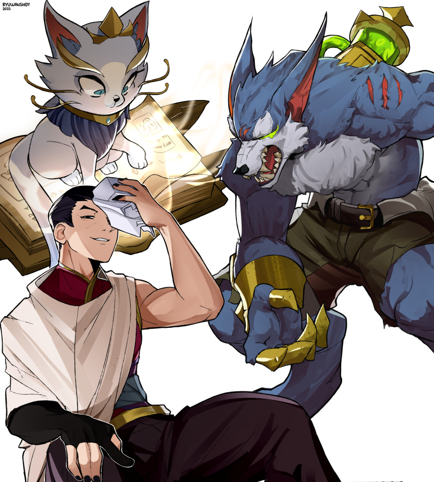 2boys, absurdres, animal, bangs, belt, black_belt, black_gloves, black_hair