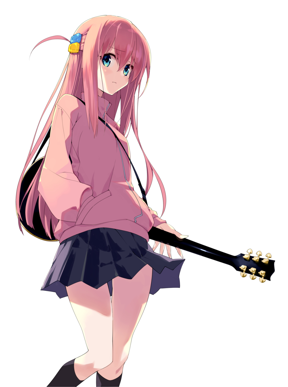 1girl, blue_eyes, bocchi_the_rock!, cube_hair_ornament, electric_guitar, feet_out_of_frame, gotou_hitori, guitar