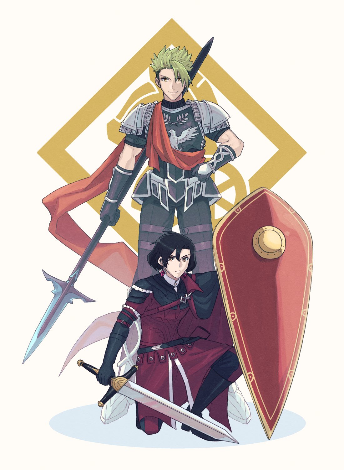 2boys, achilles_(fate), armor, armored_boots, asymmetrical_bangs, bangs, black_cape, black_footwear