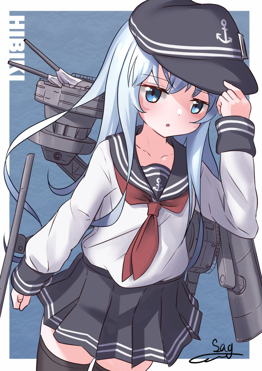 1girl, absurdres, anchor_symbol, black_headwear, black_sailor_collar, black_skirt, black_thighhighs, blue_eyes
