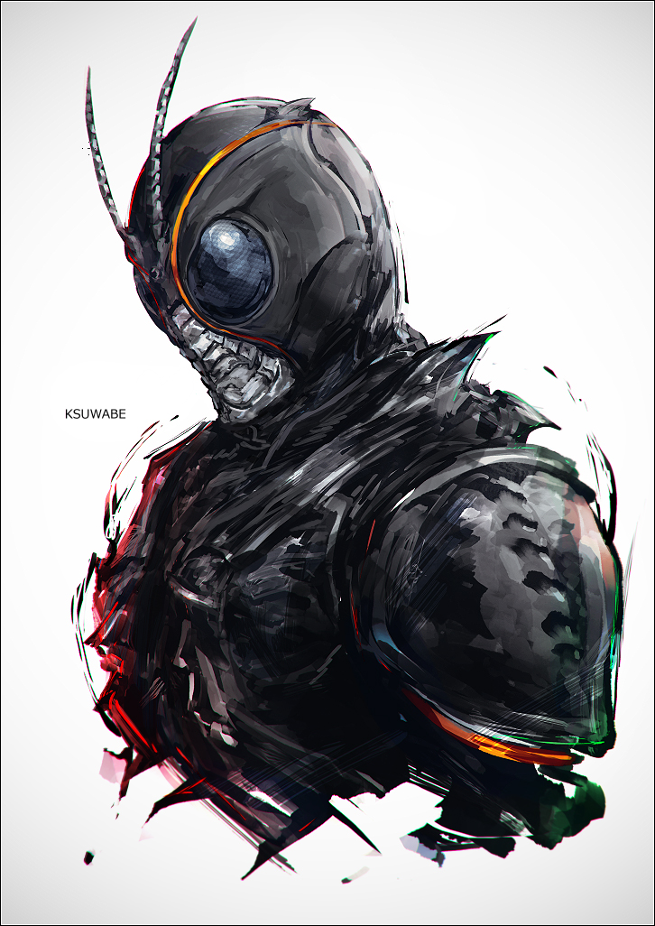 1boy, antennae, armor, artist_name, black_armor, black_eyes, cropped_torso, gradient