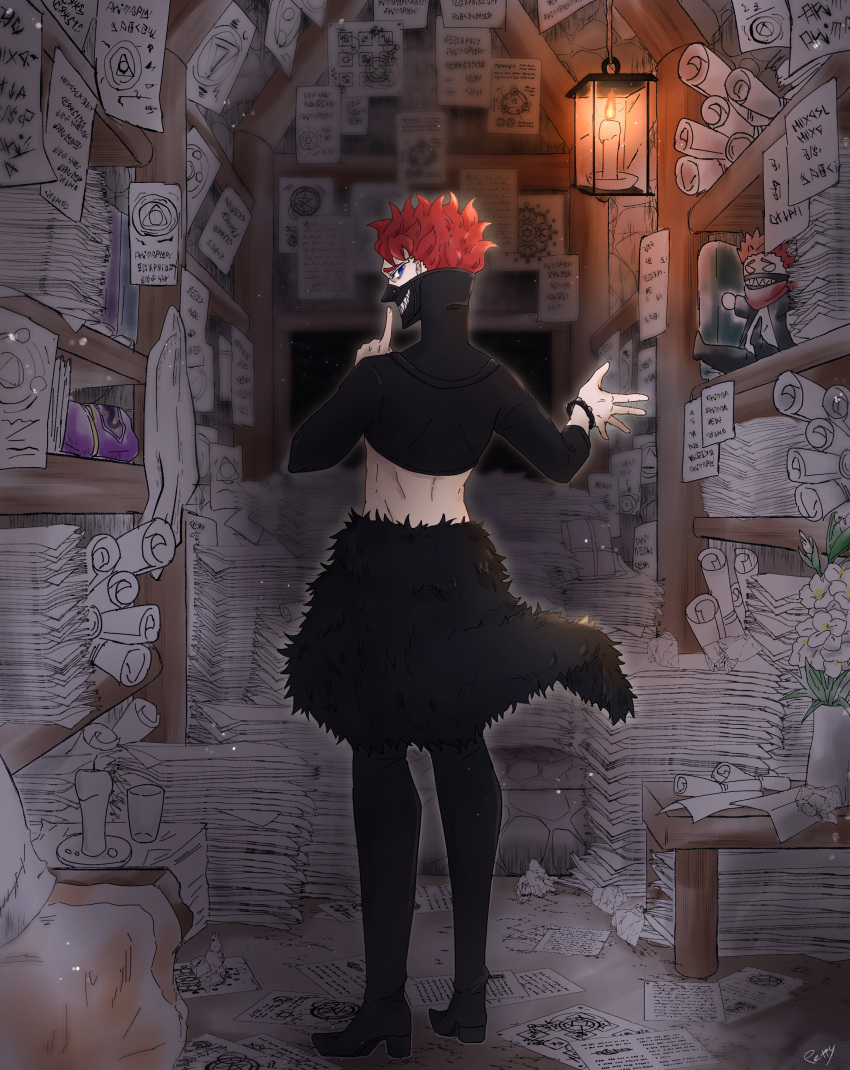 1boy, absurdres, back_turned, black_clover, black_mask, black_pants, blue_eyes, character_doll