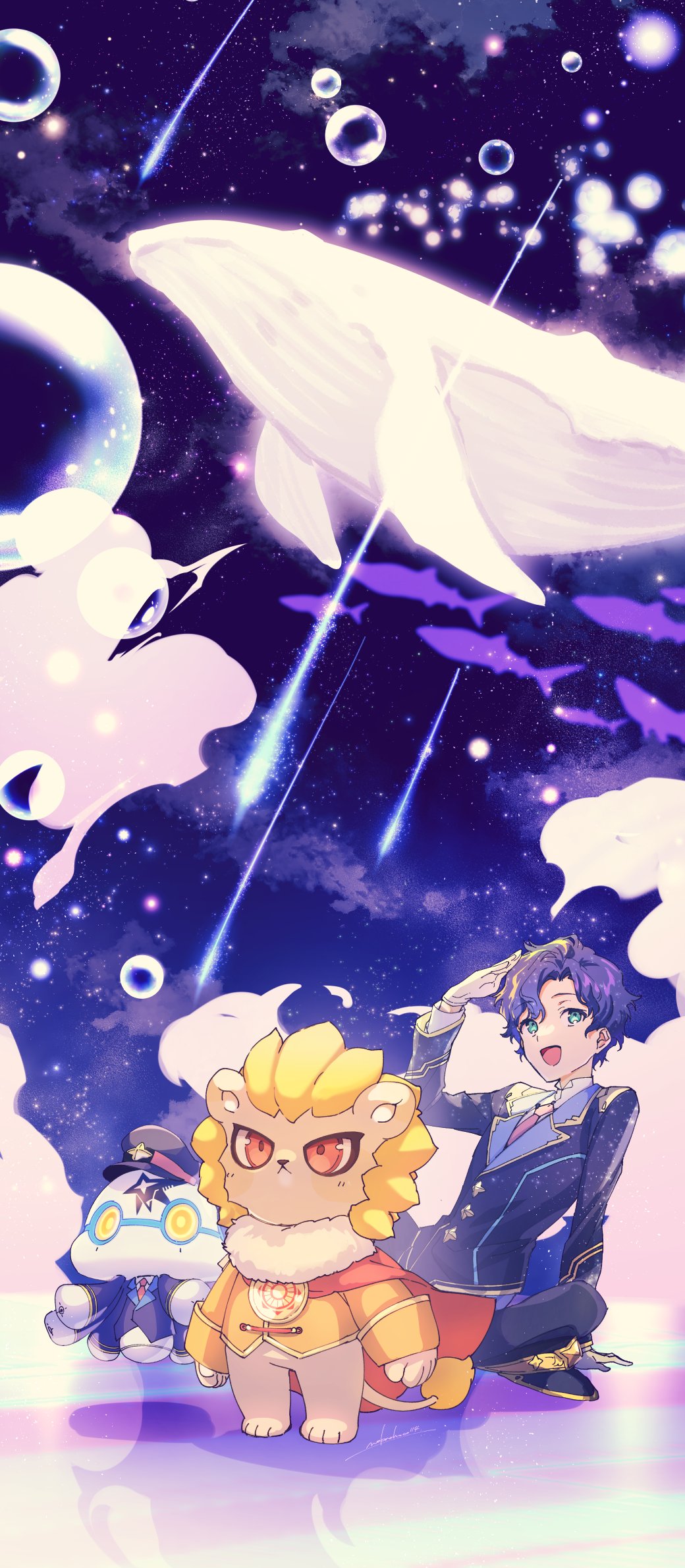1boy, :d, animal, apolleon, aqua_eyes, arm_support, astel_leda, bangs, blonde_hair, blue_hair, blue_jacket, bubble, cape, clothed_animal, clouds, comet, creature, fish, flying_fish, flying_whale, fur-trimmed_cape, fur_trim, gloves, hat, hat_removed, headwear_removed, highres, holostars, jacket, lapels, lion, looking_up, male_focus, multicolored_hair, necktie, night, nokachoco114, notched_lapels, official_alternate_costume, orange_jacket, peaked_cap, poruneu, red_cape, red_necktie, salute, shirt, short_hair, sitting, sky, smile, standing, star_(sky), starry_sky, streaked_hair, upper_body, virtual_youtuber, whale, white_gloves, white_shirt