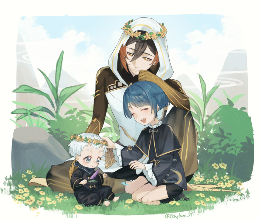 3boys, ^_^, baby, bangs, black_shirt, blue_hair, brown_hair, chinese_clothes