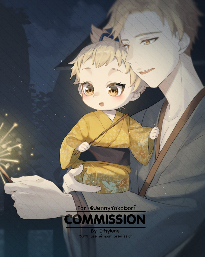 1boy, 1girl, black_kimono, blonde_hair, blush, child, commission, ethylene_ty