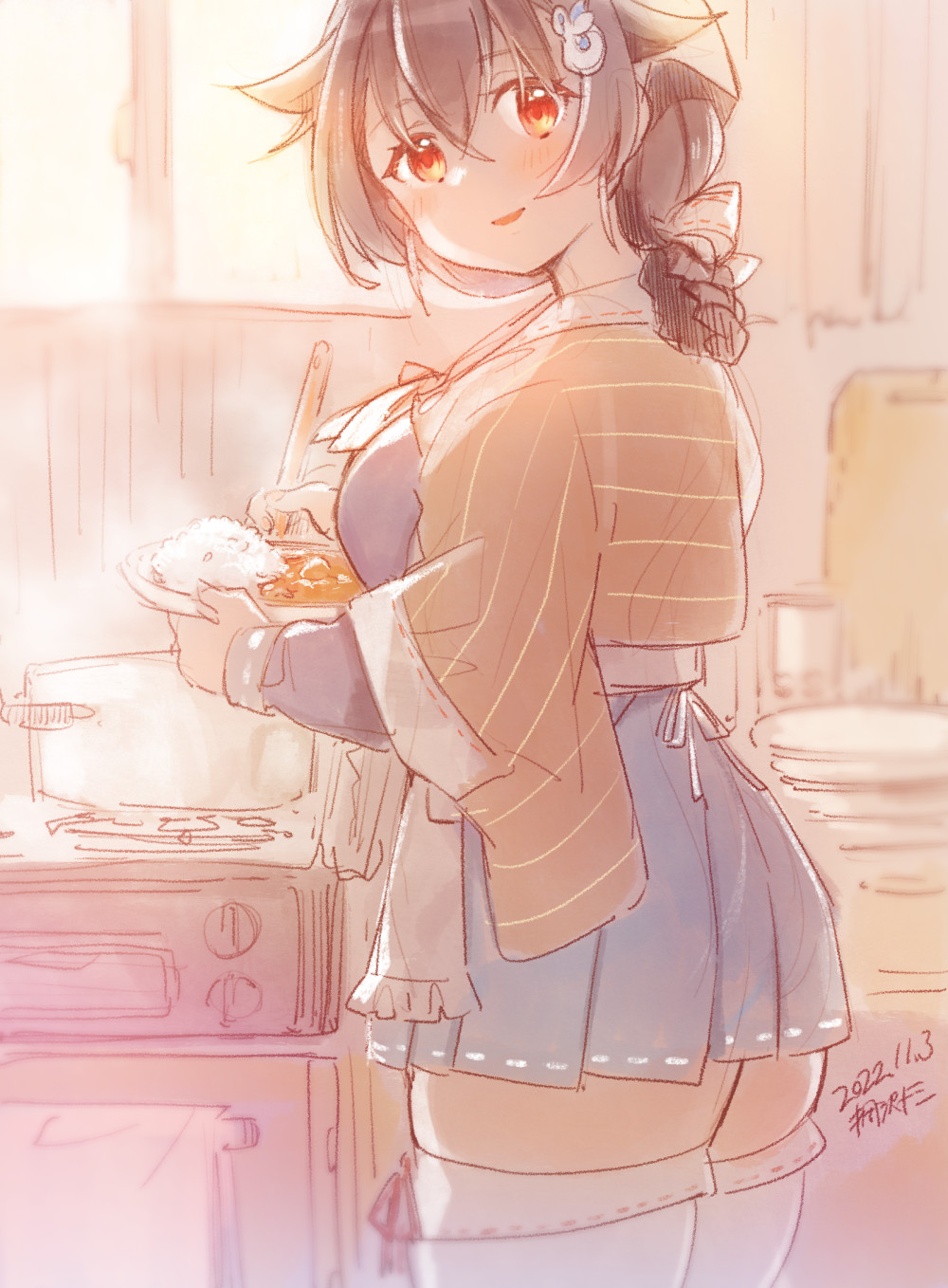 1girl, apron, bandana, black_hair, blue_sailor_collar, blue_serafuku, blue_skirt, breasts