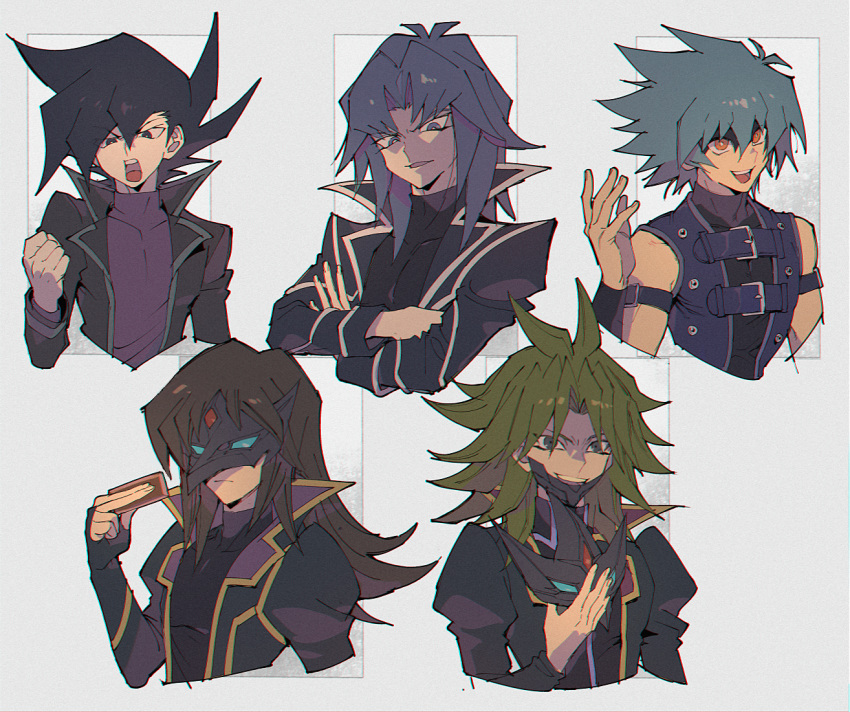 5boys, aoki_(fumomo), arm_belt, bangs, black_hair, blonde_hair, brown_eyes, brown_hair