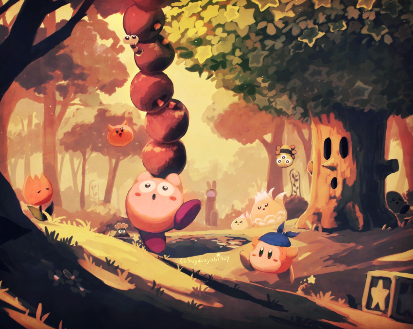 :o, arms_up, artist_name, balancing, bandana, bandana_waddle_dee, batamon, big_chip_(kirby), blue_bandana, blush, blush_stickers, box, bug, capiller_(kirby), chip_(kirby), como_(kirby), day, flower, food, forest, fox, fruit, glunk_(kirby), grass, highres, kirby, kirby's_dream_land_3, kirby_(series), nature, no_humans, open_mouth, outdoors, polof, rabbit, red_footwear, running, scarfy, shadow, spider, star_(symbol), suyasuyabi, tree, twitter_username, v-shaped_eyes, whispy_woods, wide-eyed