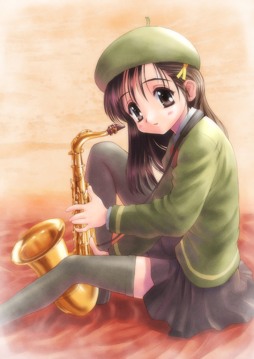 beret, brown_eyes, brown_hair, goto-p, gray_thighhighs, thigh-highs