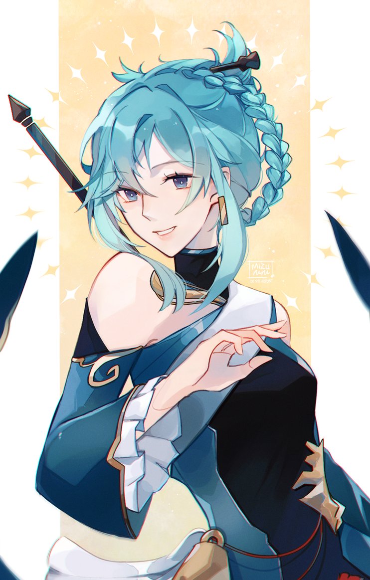 1girl, aged_down, bangs, bare_shoulders, bell, blue_dress, blue_hair, braid