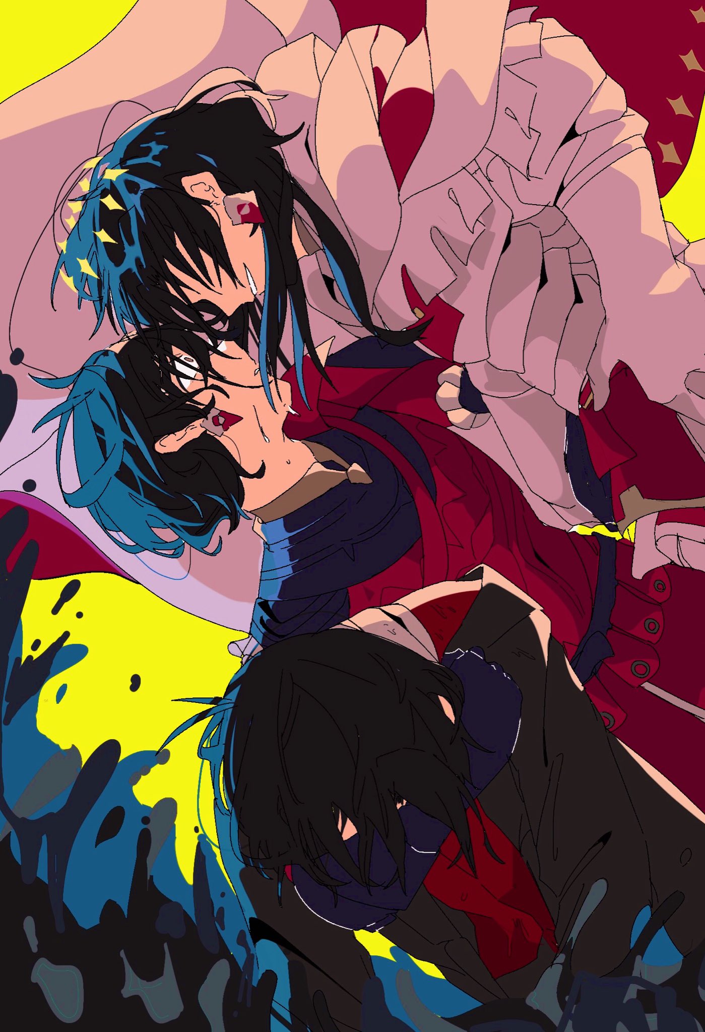 3boys, armor, black_gloves, black_hair, black_jacket, brown_eyes, carrying, carrying_under_arm, cloak, constantine_xi_(fate), earrings, faceless, faceless_male, fate/grand_order, fate_(series), gloves, hair_between_eyes, head_down, highres, jacket, jewelry, jf32o, long_hair, long_sleeves, looking_at_another, looking_to_the_side, male_focus, multiple_boys, multiple_persona, parted_lips, profile, red_armor, red_vest, short_hair, shoulder_cape, sideways, smile, sweat, upper_body, vest, white_armor, white_cloak, wide-eyed, yellow_background