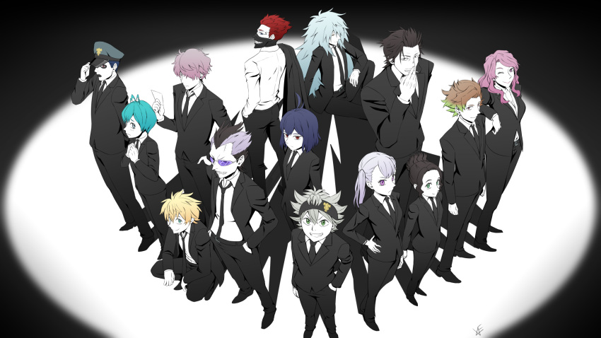 5girls, asta_(black_clover), black_background, black_bull_(emblem), black_clover, black_footwear, black_headband, black_necktie