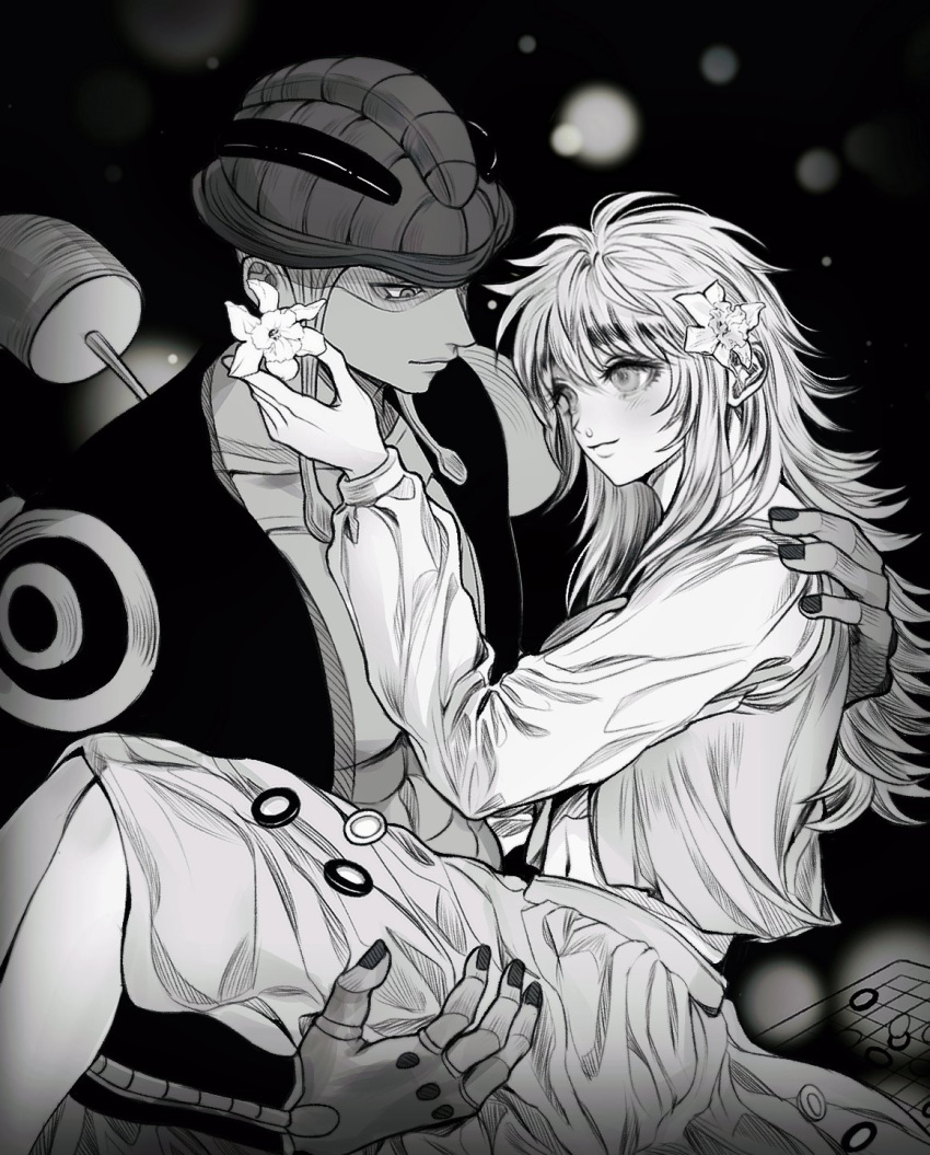 1boy, 1girl, carrying, flower, greyscale, hetero, highres, hunter_x_hunter