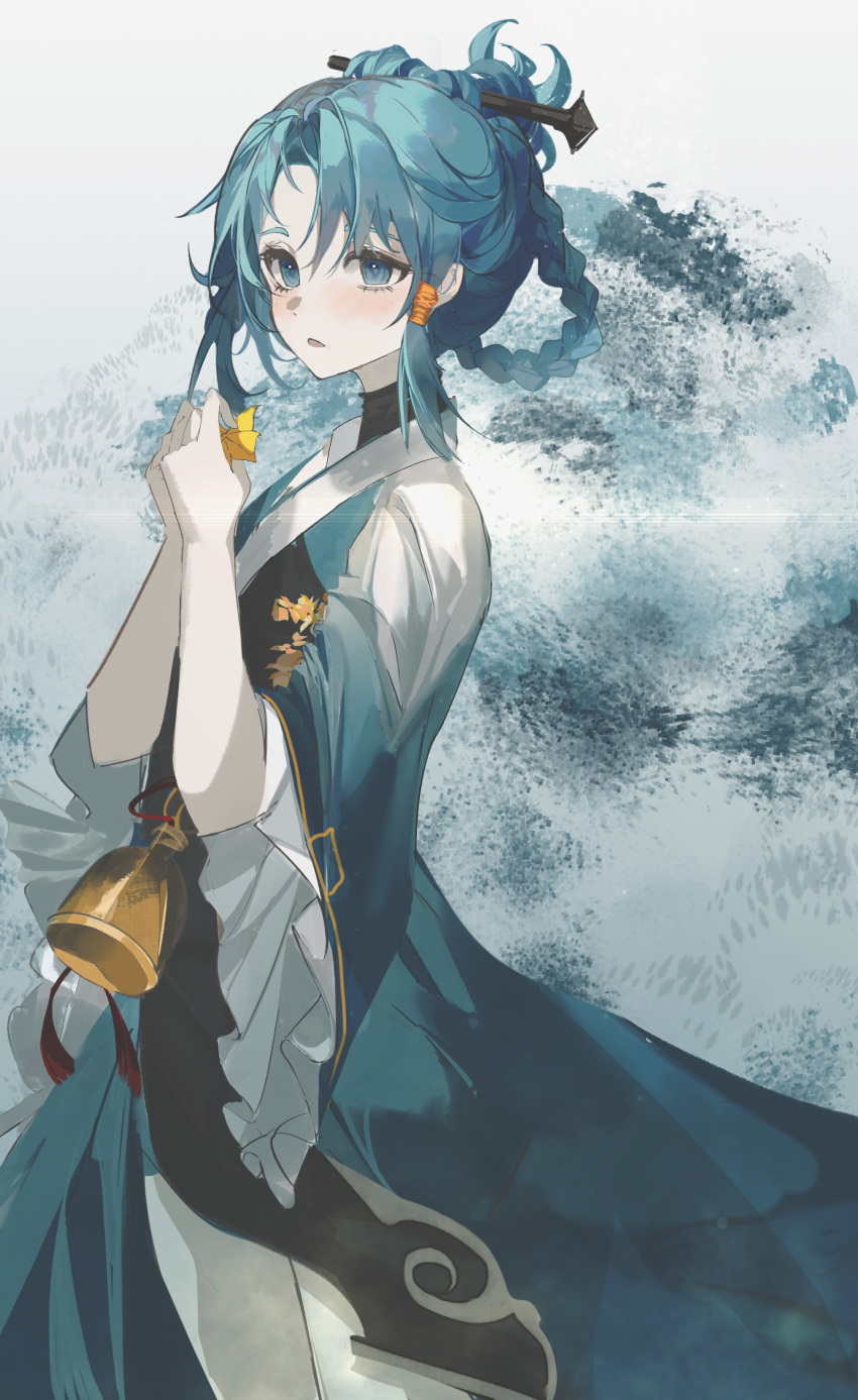 1girl, absurdres, aged_down, bangs, bell, blue_background, blue_dress, blue_hair