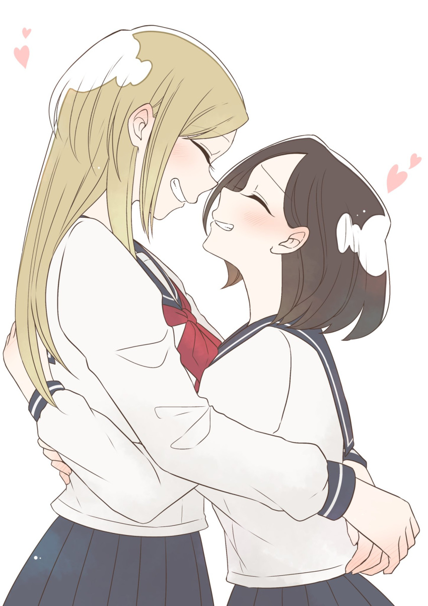 2girls, aoba_nanoha, black_hair, blonde_hair, fujimiya_chidori, grin, hana_ni_arashi, heart, highres, hoshizora_no_shita, hug, long_hair, multiple_girls, school_uniform, short_hair, simple_background, smile, upper_body