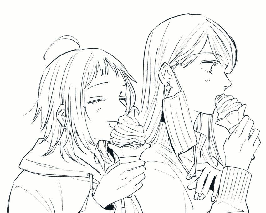 2dk_g_pen_mezamashidokei, 2girls, ahoge, earrings, eating, food, fujimura_kaede, highres