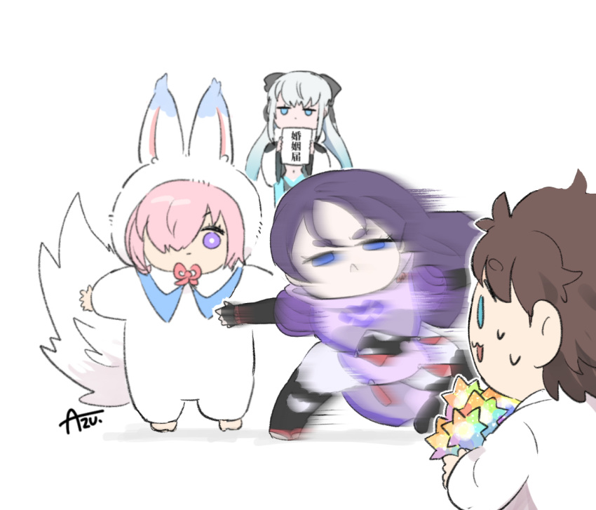 1boy, 3girls, azu_(kirara310), black_bow, black_hair, blue_eyes, bow, chaldea_uniform