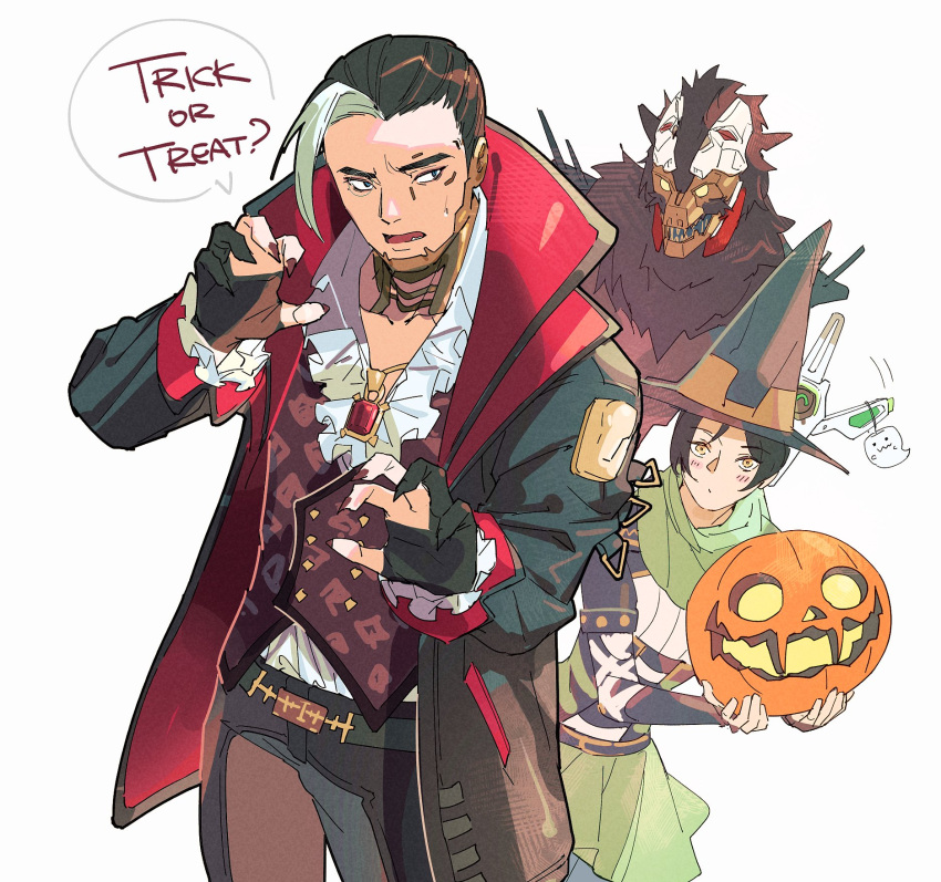 1girl, 2boys, animification, apex_legends, black_gloves, black_hair, black_headwear, black_pants