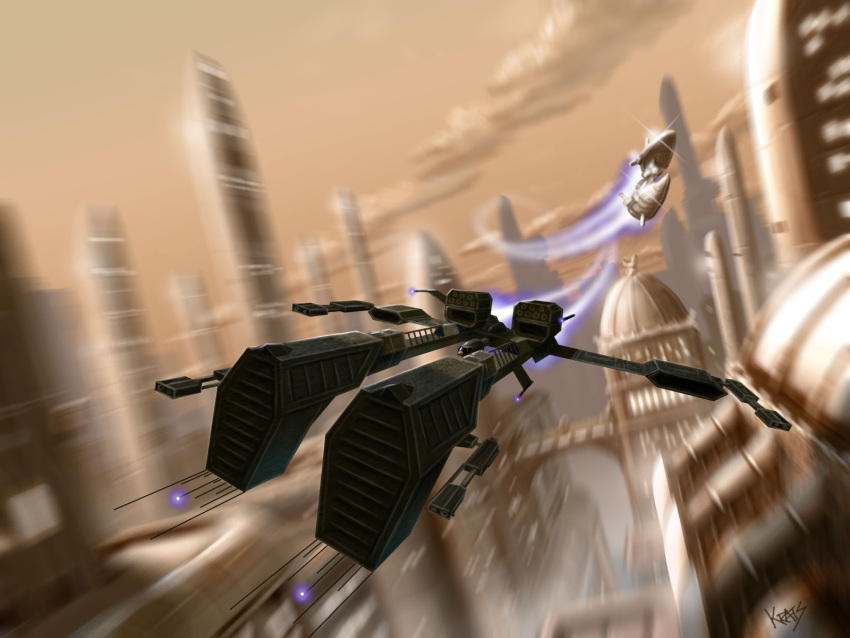 aircraft, amarr_empire_(eve_online), artist_name, brown_sky, brown_theme, building, city, clouds, cloudy_sky, commentary, day, eve_online, executioner_(eve_online), flying, frigate_(eve_online), glowing, highres, krats, military, military_vehicle, minmatar_republic_(eve_online), motion_blur, no_humans, outdoors, photoshop_(medium), rifter_(eve_online), science_fiction, sky, skyscraper, spacecraft