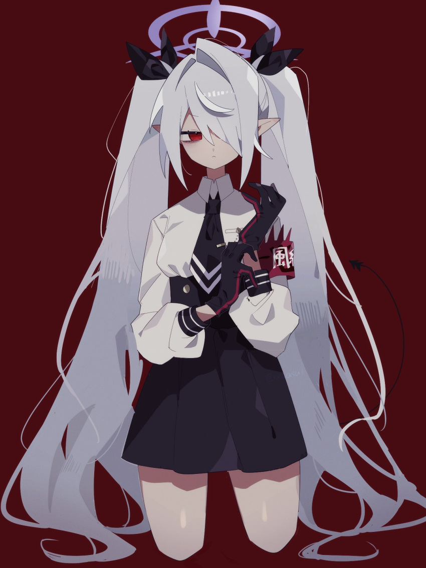 1girl, adjusting_clothes, adjusting_gloves, black_gloves, black_necktie, black_ribbon, black_skirt, blue_archive, closed_mouth, collared_shirt, cowboy_shot, cropped_legs, expressionless, gloves, grey_hair, hair_over_one_eye, hair_ribbon, halo, hands_up, highres, iori_(blue_archive), long_hair, looking_away, necktie, one_eye_covered, pointy_ears, red_background, red_eyes, ribbon, shirt, sideways_glance, simple_background, skirt, solo, twintails, very_long_hair, white_shirt, xx_asui