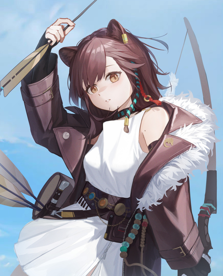 1girl, absurdres, arknights, arrow_(projectile), bare_shoulders, black_collar, black_gloves, blue_background