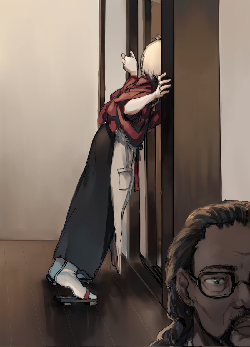 1girl, black_hair, blonde_hair, closed_mouth, commentary_request, dark-skinned_male, dark_skin, glasses, highres, indoors, kabnu2204, lycoris_recoil, lycoris_uniform, mika_(lycoris_recoil), nishikigi_chisato, short_hair, tagme, wooden_floor