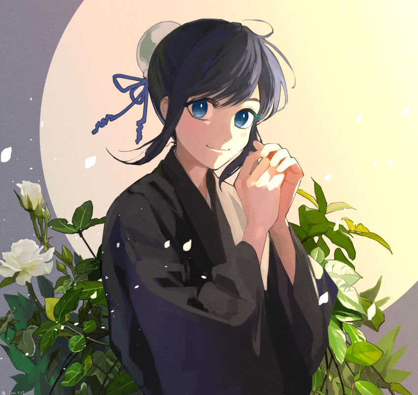 1girl, black_hair, bleach, blue_eyes, blush, bun_cover, closed_mouth, female