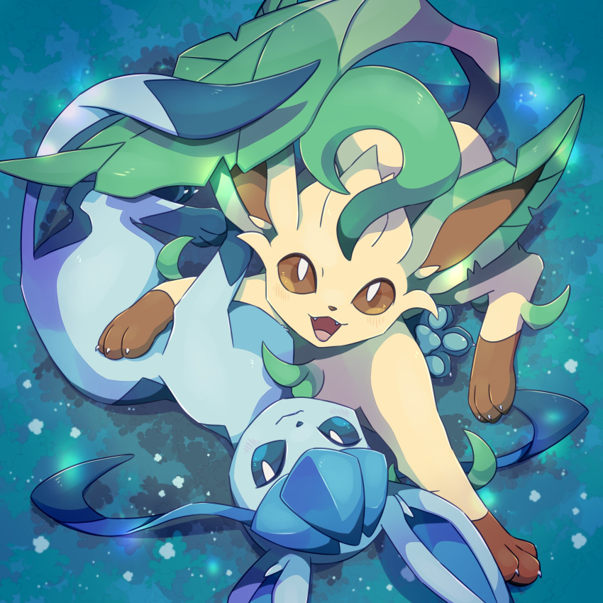 :3, :d, absurdres, animal_focus, blue_eyes, bright_pupils, brown_eyes, claws, closed_mouth, commentary_request, fangs, full_body, glaceon, grass, highres, ktyon3, leafeon, looking_at_viewer, lying, night, no_humans, on_back, on_grass, open_mouth, outdoors, pokemon, pokemon_(creature), smile, white_pupils