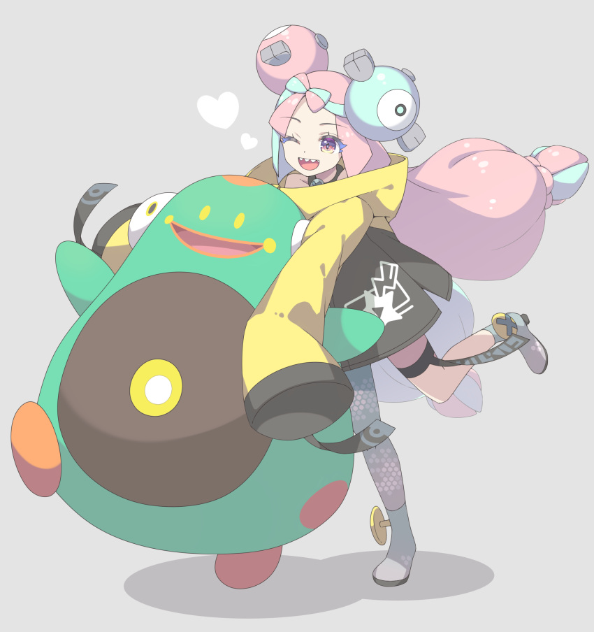 1girl, ;d, bellibolt, boots, character_hair_ornament, commentary_request, eyelashes, green_hair