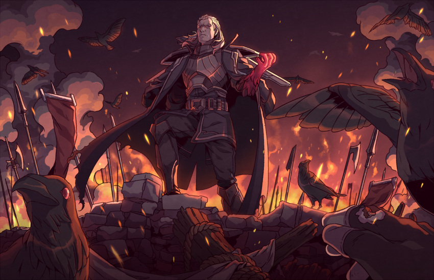 1boy, armor, axe, belt, bird, black_cape, cape, crow