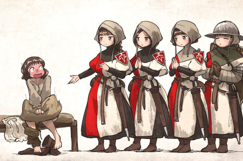 5girls, bed, belt, bloomers, blush, boots, brown_hair, caught