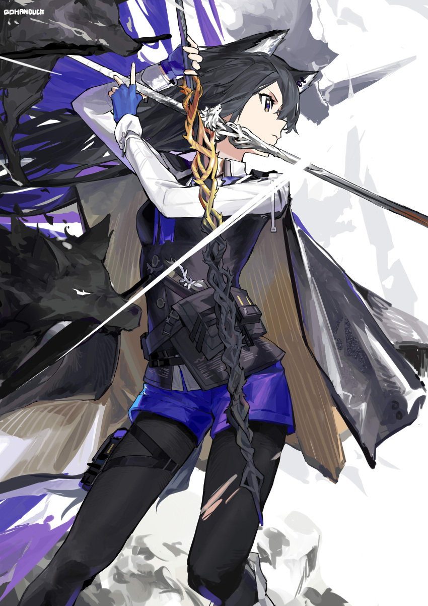 1girl, absurdres, animal_ears, arknights, artist_name, black_cape, black_hair, black_pantyhose