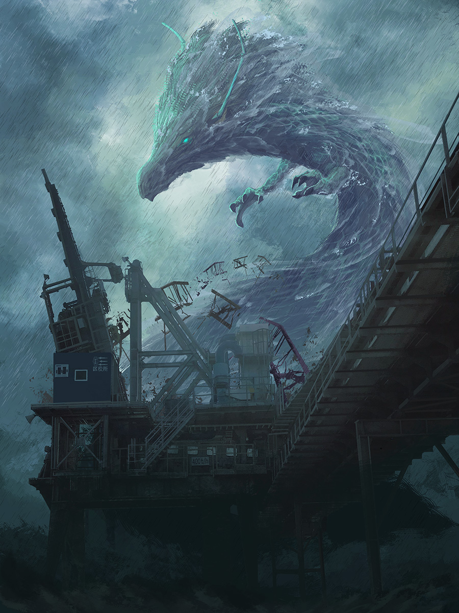 bridge, building, clouds, cloudy_sky, creature, debris, destruction, fantasy