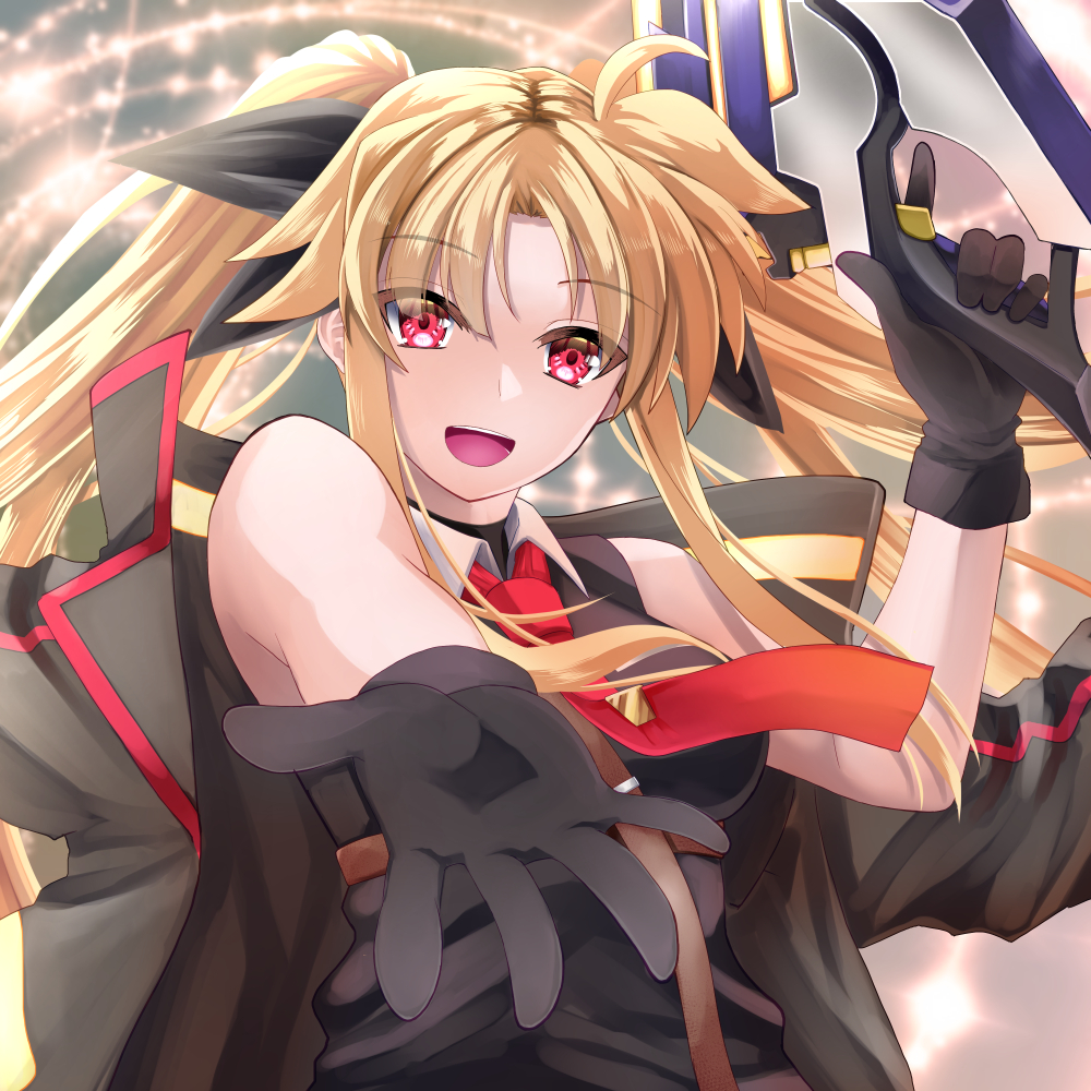 1girl, bardiche, bare_shoulders, black_bow, black_gloves, black_jacket, black_shirt, blonde_hair
