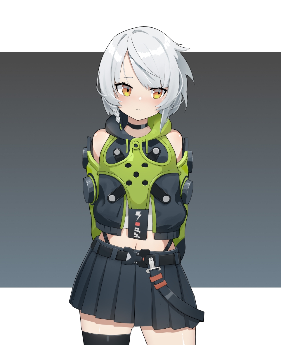 1girl, anby_demara, bangs, bare_shoulders, belt, black_background, black_skirt, black_thighhighs