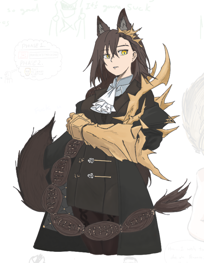 1girl, animal_ears, arknights, ascot, black_coat, black_dress, black_pantyhose, brown_hair, coat, dokonjou_(odossan), dress, gauntlets, hair_between_eyes, long_hair, looking_at_viewer, pantyhose, parted_lips, penance_(arknights), solo, tail, very_long_hair, white_ascot, wolf_ears, wolf_girl, wolf_tail, yellow_eyes
