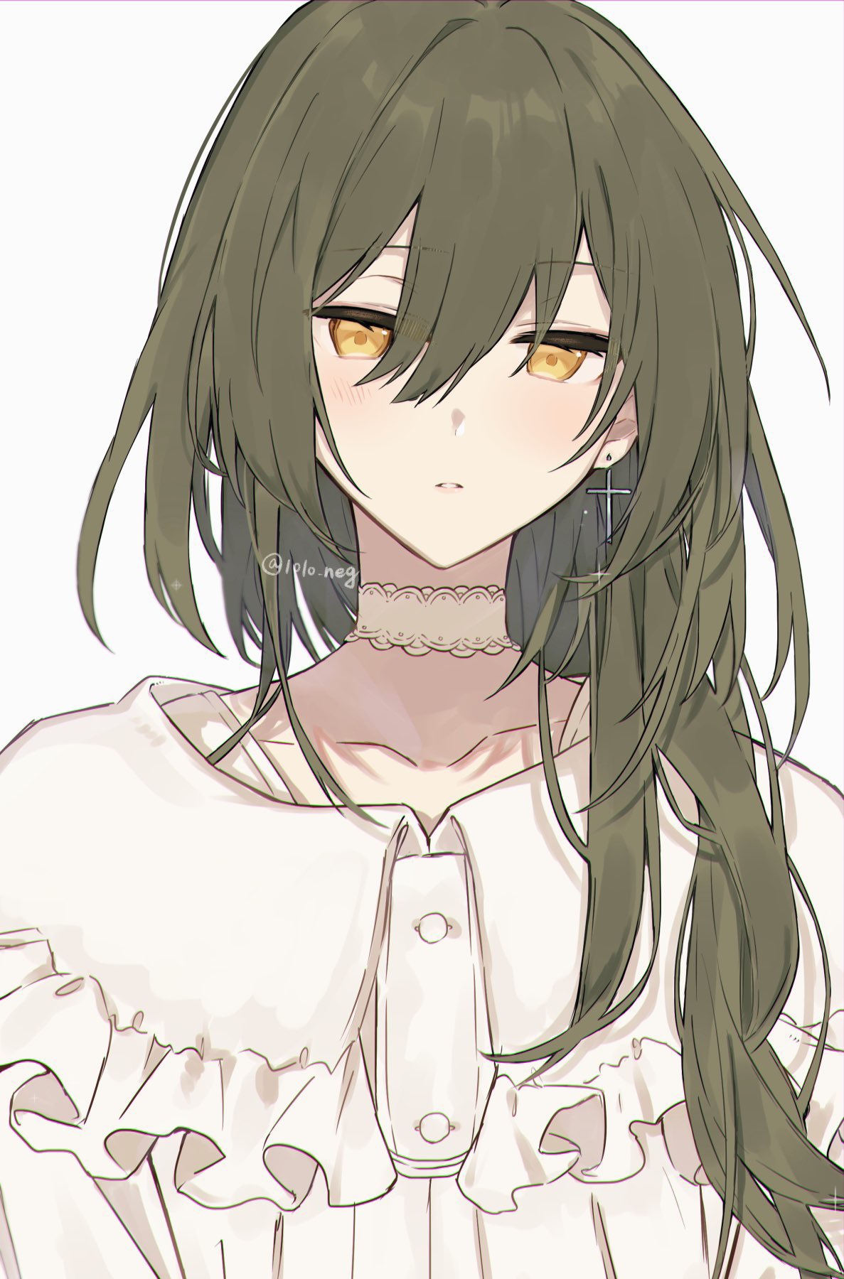 1010_neg, 1girl, bangs, blush, choker, cross, cross_earrings, dress
