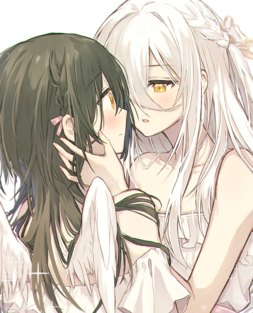 1010_neg, 2girls, angel_wings, bangs, bare_shoulders, blush, braid, closed_mouth