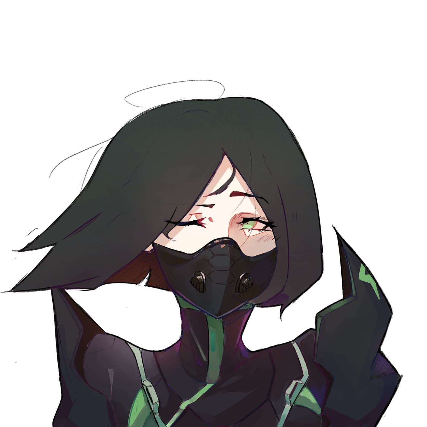 1girl, animification, bangs, black_bodysuit, black_hair, bodysuit, cowlick, english_commentary