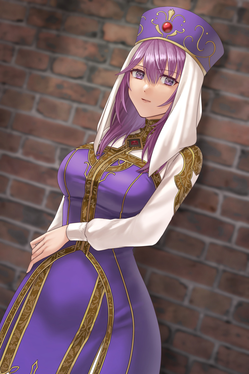 1girl, absurdres, brick_wall, cowboy_shot, dress, dutch_angle, eremiya, fire_emblem