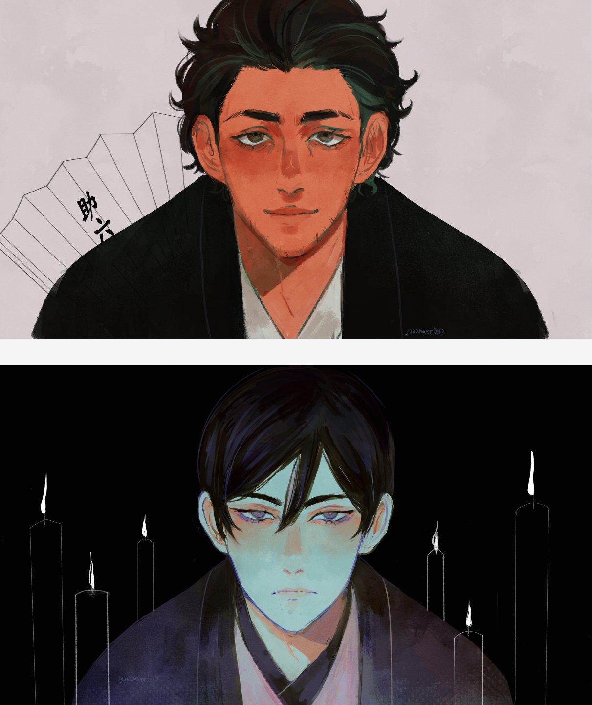 2boys, black_background, black_eyes, black_hair, candle, facial_hair, folding_fan, grey_background, grey_eyes, hair_between_eyes, hand_fan, highres, japanese_clothes, kimono, looking_at_viewer, male_focus, multiple_boys, short_hair, shouwa_genroku_rakugo_shinjuu, stubble, yuramoonbow, yuurakutei_sukeroku, yuurakutei_yakumo