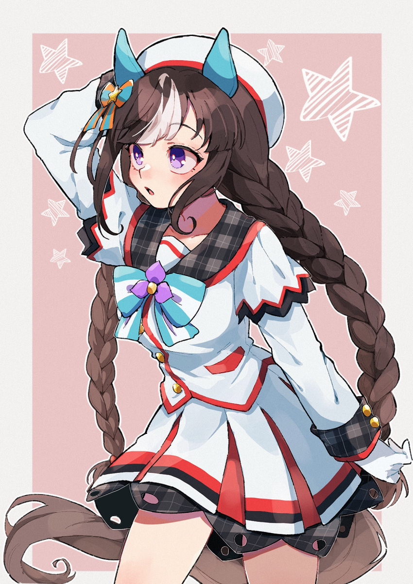 1girl, animal_ears, arm_up, bangs, beret, blush, bow, bowtie