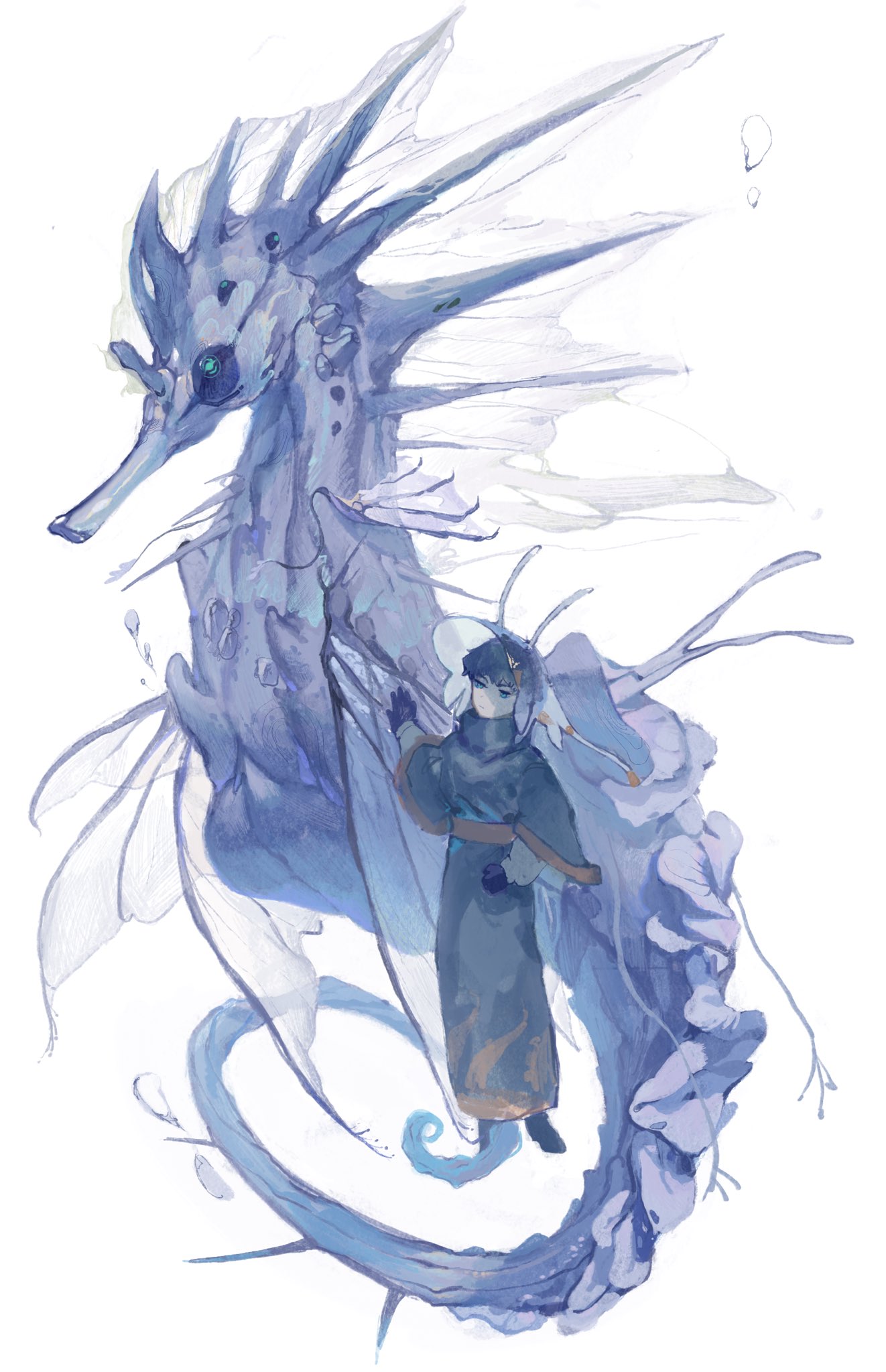 1boy, animal, antennae, blue_gloves, blue_hair, blue_headwear, blue_robe, closed_mouth, commentary, fins, full_body, gloves, high_collar, highres, kusariuta, long_sleeves, looking_at_animal, male_focus, original, oversized_animal, robe, seahorse, short_hair, simple_background, standing, symbol-only_commentary, transparent_headwear, white_background, wide_sleeves