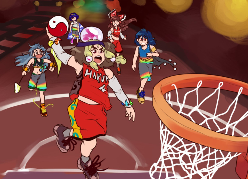 5girls, adapted_costume, bangs, basketball_court, basketball_hoop, basketball_jersey, basketball_uniform, black_cape