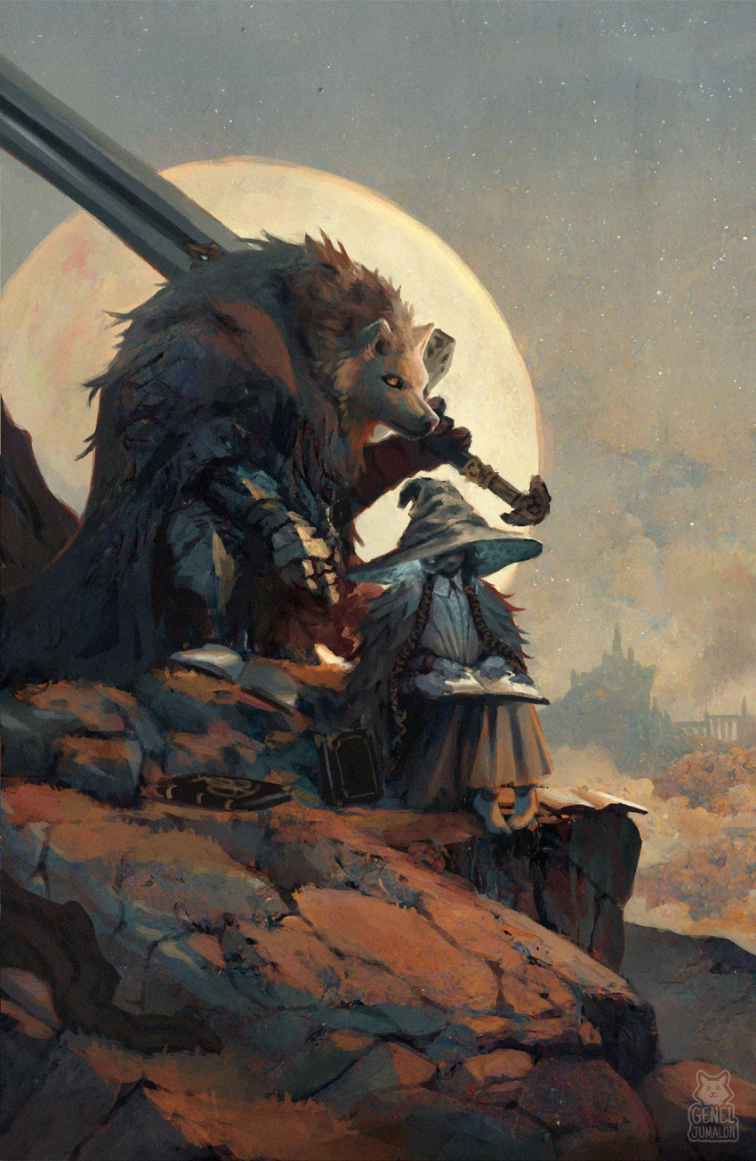 1boy, 1girl, black_cloak, blaidd_the_half-wolf, book, cloak, colored_skin, commentary