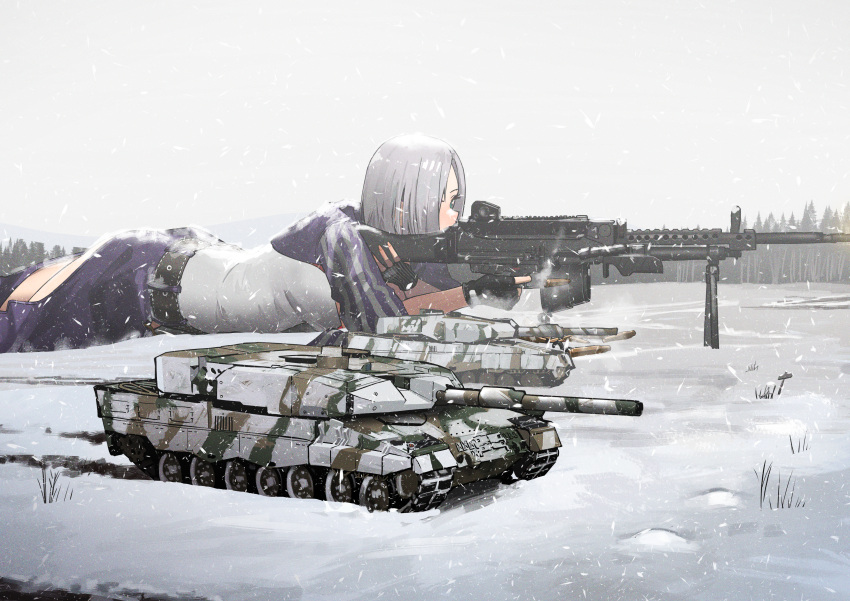 1girl, absurdres, aqua_eyes, bangs, black_gloves, camouflage, commentary, commission