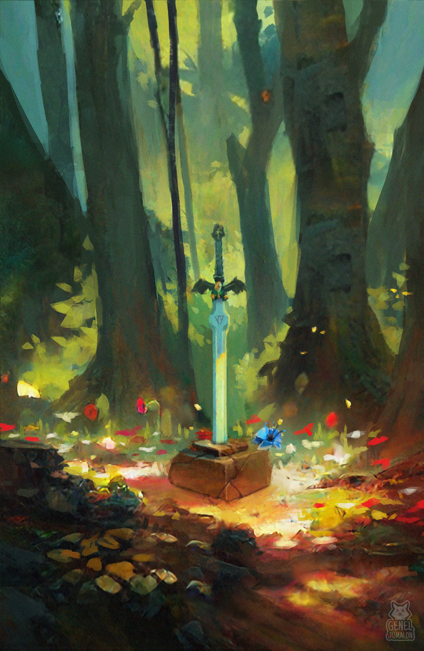 blue_flower, flower, forest, gem, genel_jumalon, highres, jewelry, master_sword